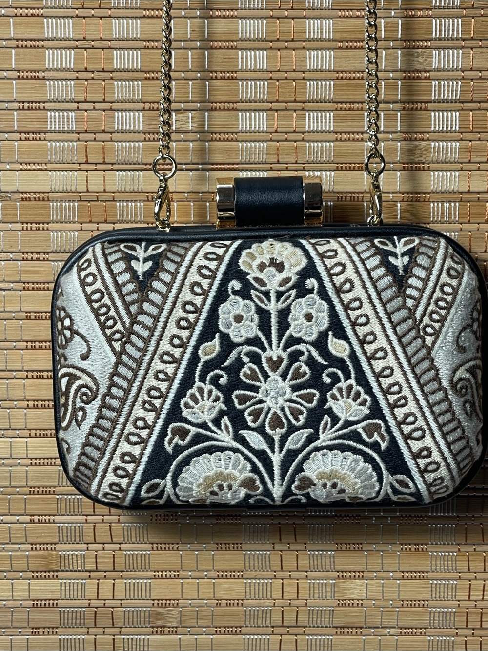 Spartina 449 Black & Cream Embroidered Floral Box Clutch w/ Golden colored chain